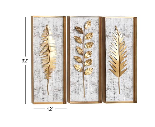 Deco 79 Metal Leaf Home Wall Decor Framed 3D Wall Sculpture with Distressed Wood Backing, Set of 3 Wall Art 12"W, 32"H, Gold - size: 12"L x 2"W