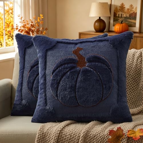 Allorry Fall Pillow Covers 18x18 2 Pack Navy Blue Pumpkin Home Decor 010J18 - color: Navy Blue Pumpkin, size: 18" x 18" (Pack of 2)