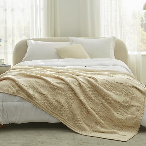 Amélie Home Checkered Chenille Knit Throw Blanket for Couch, Beige, 50"x60" - color: Checkered Beige, size: Checkered Knit 50"x60"