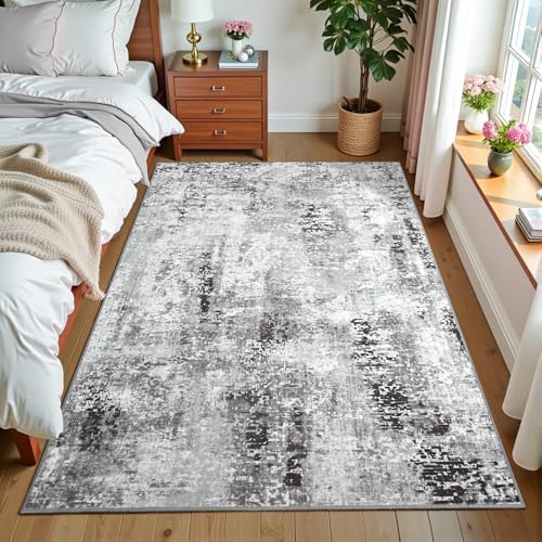 3x5 Dark Grey Washable Area Rug for Living Room Bedroom, Modern Abstract Non-Slip Rugs, Low Pile Soft Stain Resistant Carpet for Dining Room, Kitchen, Office, Dorm, Bedside Decor - color: Dark Grey, size: 3' x 5' (Rectangular)