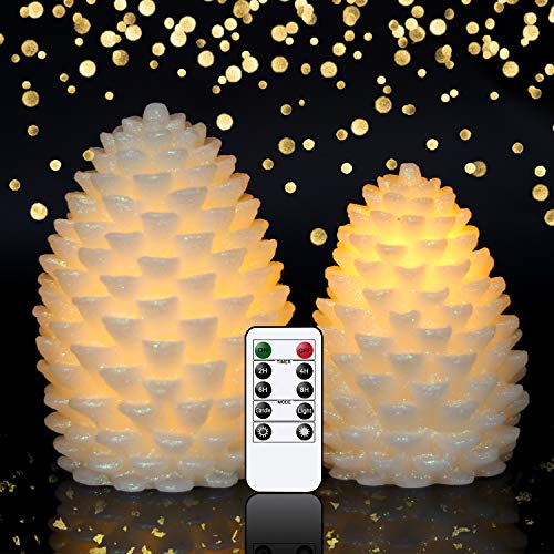 Wondise Pine Cone Flickering Flameless Candles with Remote and Timer - color: 7-Ivory
