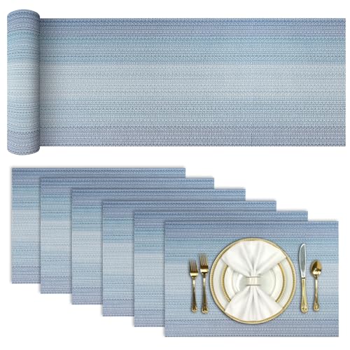 Aofmee Table Runner and Placemats Set of 6 Washable, Heat Resistant Place Mats with Table Runner, Woven Vinyl Table Placemats for Dining Table, Stain Resistant Kitchen Table Mats Sets, Easy to Clean - color: Stripe-blue, size: Set of 7