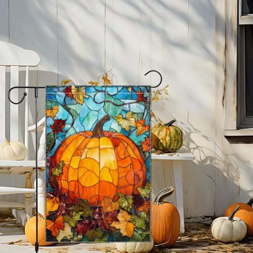 Fall Garden Flag For Outdoor Decor Thanksgiving Garden Flags Autumn Stained Glass Pumpkin Maple Leaf Double Sided Small Burlap Outside Porch Lawn Yard Flags Decorations 12.5x18 Inch - color: RMQ-565, size: 12"X18"