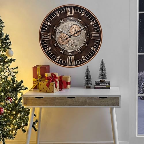 CLXEAST 24 Inch Large Wall Clock with Moving Gears, Antique Gold - color: Antique Brass Gold, size: 24 Inch
