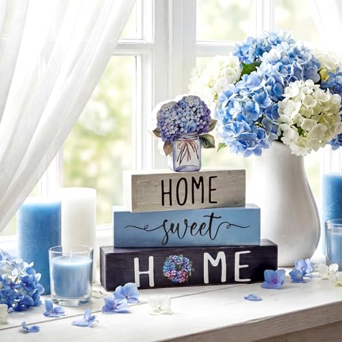 Cinnvoice 4 Pcs Farmhouse Wooden Tabletop Decor Blue Hydrangea Tiered Tray - style: Blue Hydrangea