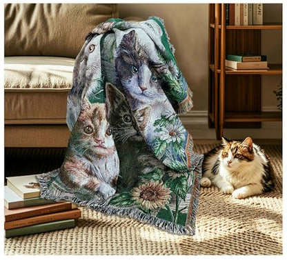 Garden Cat Flower Woven Tapestry Throw Blanket 50"x60" - color: Cat