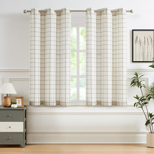 Aspen Plaid 54 Inch Natural Linen Curtains Black White Stripes - color: Plaid Beige/Black, size: 40"W x 54"L (Pack of 2)