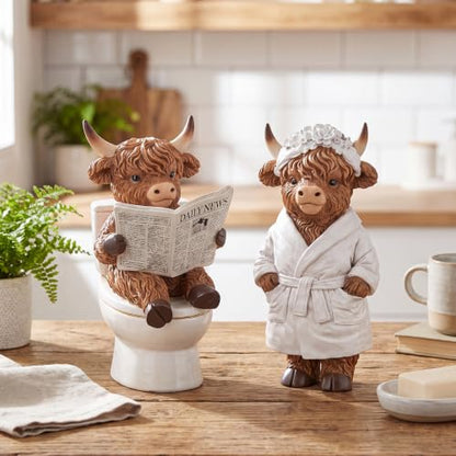 Karenhi 2 Pcs Highland Cow Figurines, Funny Bathroom Resin Statues Decor - style: Bathroom
