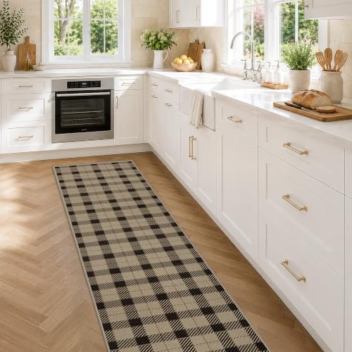 JTJ Easy Jute Kitchen Runner Rug 2'6" x 10', Black & Beige Plaid, Washable - color: Beige Plaid, size: 2'6" x 10' (Runner)
