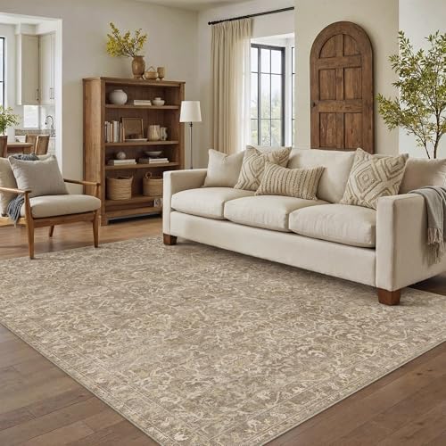 HUGEAR 5x7 Light Brown Vintage Floral Washable Area Rug for Living Room - color: Light Brown, size: 5' x 7' (Rectangular)