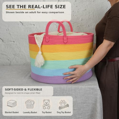 XUANGUO 66L Large Blanket Basket, Round Cotton Rope Basket, Rainbow - color: rainbow