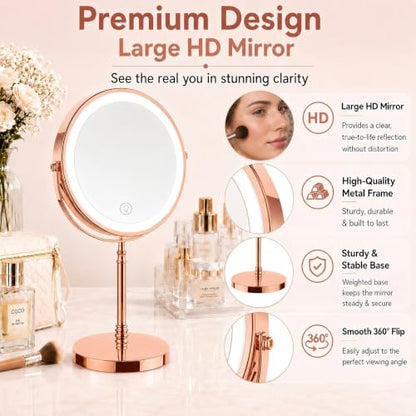 DEIOVWXS Makeup Mirror, Rechargeable Vanity Mirror with 3 Lights, 1X/10X - color: Rose Gold