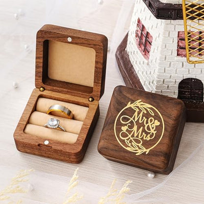 KWOOD Custom Wooden Wedding Ring Box for 2 Rings, Engraved Mr & Mrs Double Ring Holder for Wedding Ceremony Ring Bearer Box Anniversary Birthday Gift Ideas - style: G-Mr & Mrs
