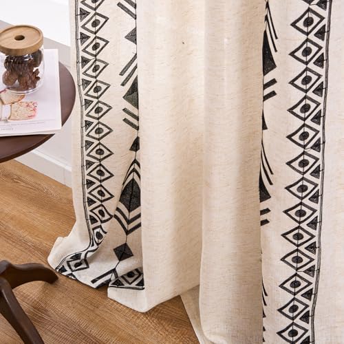Black Boho Linen Curtains 84 Inch 2 Panels for Living Room Bedroom - color: Geometric-black, size: 52"W x 84"L (Pack of 2)