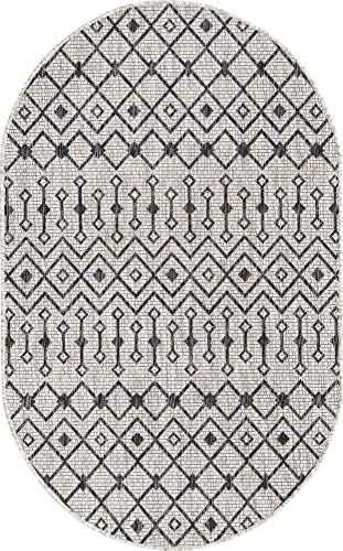 Unique Loom Outdoor Trellis Collection Area Rug - Tribal Trellis (3' 3" x 5' 3" Oval, Gray/ Black) - color: Gray/Black, size: 3'3" x 5'3" (Oval)