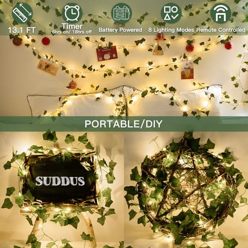 suddus 13.1FT 40LED Ivy Vine with Lights Battery Operated Copper Wire - color: IVY, size: 40 LED-Battery