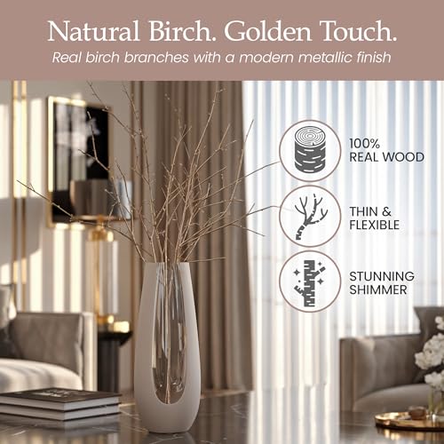 Branches for Vase, 3'–4' Natural Birch Tree Branches for Decoration, Bundle of 10 Tall Decorative Sticks for Vases, Rustic Wood Branches for Crafts, Weddings, Seasonal & Home Décor - Gold - color: Gold