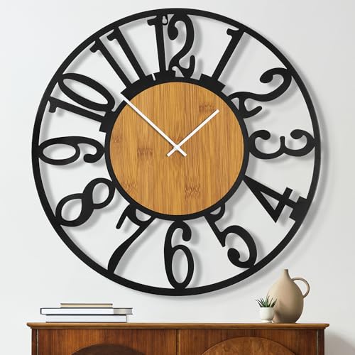 Maxstar Large Round Wall Clock for Living Room Decor Battery Operated Non Ticking Black Metal Wood Clocks for Home Living Room Garden Office Kitchen Decoration -40inch - color: Wood-arabic Numerals, size: 40 Inch