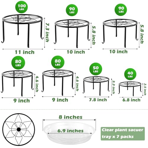 7-pack Metal Plant Stands Indoor Outdoor Rustproof Iron Potted Plant Holder Heavy-duty Round Flower Pot Riser Shelf for Garden, Patio, Corner Stand with Clear Water Tray 6.9"/ 7.9"/ 9"/ 10"/ 11" - size: 7 Pack (6.9, 7.9, 9, 10, 11 inch)