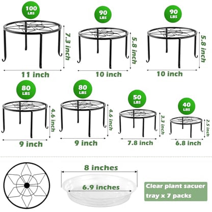 7-pack Metal Plant Stands Indoor Outdoor Rustproof Iron Potted Plant Holder Heavy-duty Round Flower Pot Riser Shelf for Garden, Patio, Corner Stand with Clear Water Tray 6.9"/ 7.9"/ 9"/ 10"/ 11" - size: 7 Pack (6.9, 7.9, 9, 10, 11 inch)
