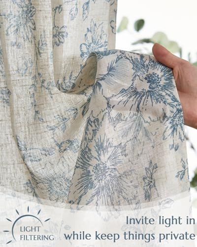 jinchan Blue Floral Kitchen Tier Curtains Alice 24 Inches Tie Top 2 Panles - color: Alice Blue on Linen, size: 26"W x 24"L (Pack of 2)