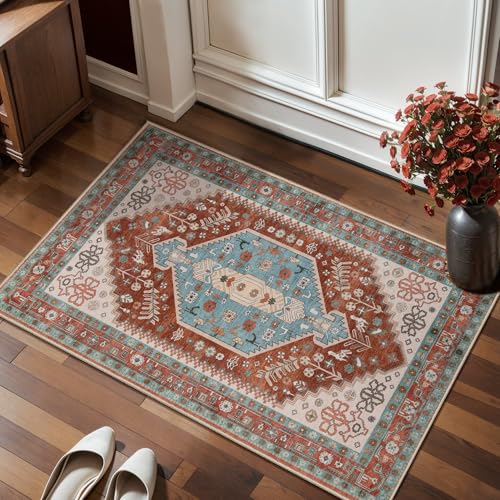 Ciicool 2x3ft Small Area Rug,Washable Boho Thin Mat for Entryway Kitchen - color: Orange/Green, size: 2' X 3' (Rectangular)