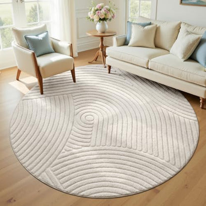 U'Artlines 5 Ft Round Area Rug, Washable Neutral Beige Modern High-Low Pile - size: 5' (Round)