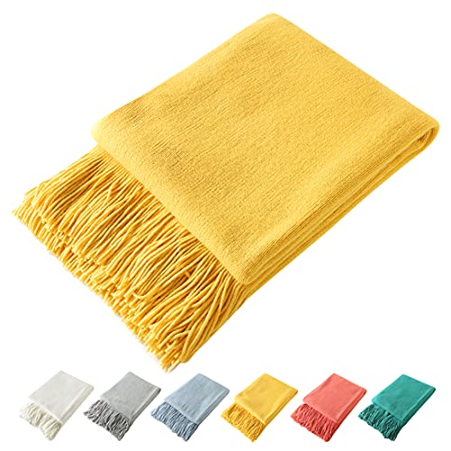 Homiest Yellow Knitted Throw Blanket with Fringe, 50x60 Inch - color: Yellow, size: 50" x 60"
