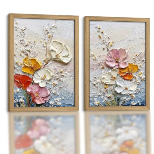 Framed 3d Relief Floral Wall Art Canvas Poster Prints 16x24 In 2p Be Hung | 3D Textured Floral Painting Prints Picture Poster, Ready To Hang Botanical Wall Decor For Living Room Bedroom Hallway Foyer - color: flowers 2-3, size: 16x24in