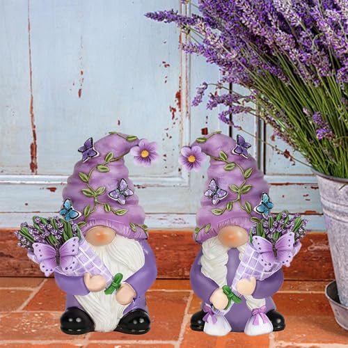 Purple Lavender Butterfly Couple Gnome Figurines(Resin, 3.9''H) - color: Purple
