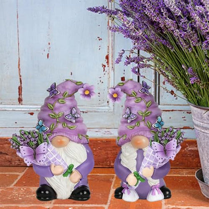 Purple Lavender Butterfly Couple Gnome Figurines(Resin, 3.9''H) - color: Purple