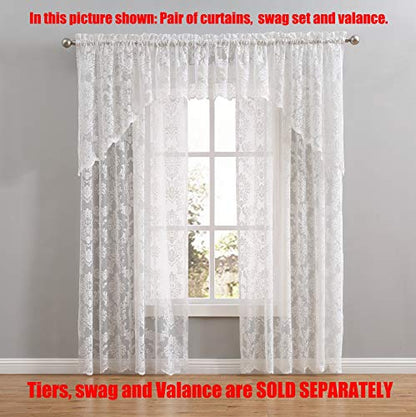 LinenZone 96 Inch Sheer White Lace Curtains. (Fiona, 54 x 96 White) - color: White, size: 54"W x 96"L (Pack of 2)