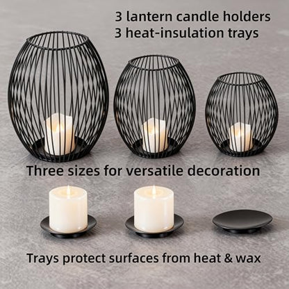 3-Piece Black Metal Lantern Candle Holder Set, Modern Lantern Decor for Home, Stylish Lanterns Decorative Indoor with Easy-Open Design and Heat-Resistant Trays