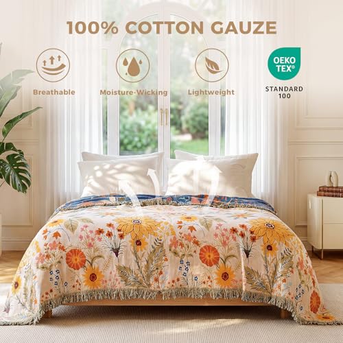 LUTBM Boho Throw Blanket for Bed 60"x80", All Season Cotton Couch Blankets - color: Flower-garden, size: 60"×80"