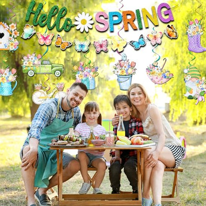 Spring Decorations Banner,Spring Party Decorations Includes Hello Spring Banner and Butterfly Spring Hanging Swirls, Spring Decorations for Office Home Classroom
