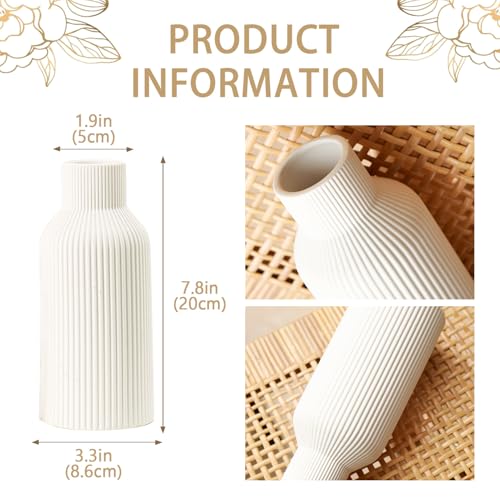 Bohemian White Ceramic Vase - for Pampas Grass, Mantel, Bookshelf, Entryway and Living Room Decor (White, 8in) - color: White, size: 8in-Round