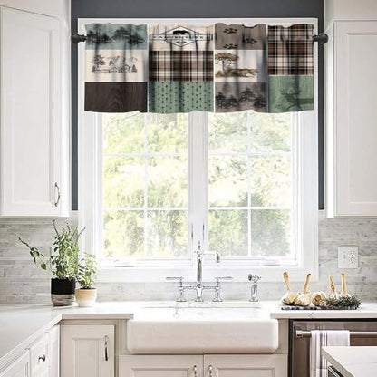 Rustic Lodge Window Valance Retro Bear Deer Country Farmhouse Buffalo Plaid Short Curtains Rod Pocket Drapes Dining Room Bedroom Kitchen Living Room Office Drapes, 54x18in - color: Style-16, size: 54"W x 18"L (Pack of 1)
