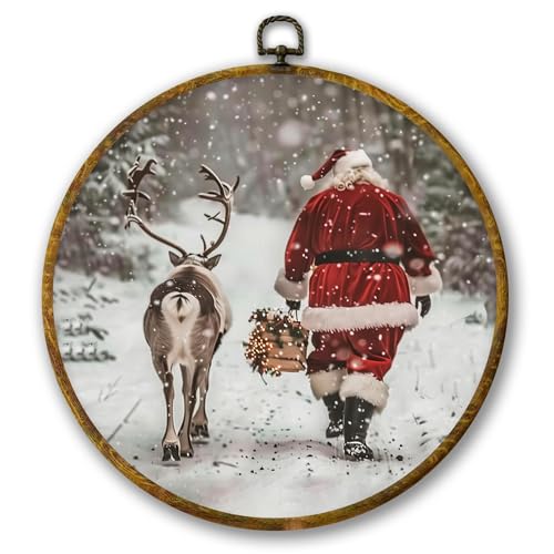 Mcehtle Vintage Christmas Winter Wall Art Decor, Santa Claus and Reindeer Xmas Snowy Forest Framed Canvas Prints 10x10, Rustic Winter Holiday Round Wall Hanging Artwork Decorations for Home Bedroom Living Room - color: Colour 01