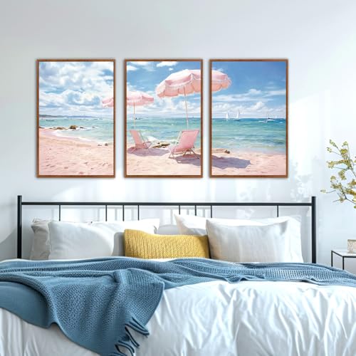 KAlRNE Pink Coastal Framed Art Prints Ocean Canvas Wall Art Set-24’’X36’’X3 - color: Pink Beach, size: 24"Lx36"W