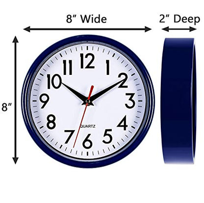 Bernhard Products Navy Blue Wall Clock 8" Silent Non-Ticking Quality Quartz Battery Operated Small Clock for Boys/Kitchen/Classroom/Office/Nursery Room Easy to Read - color: Navy Blue