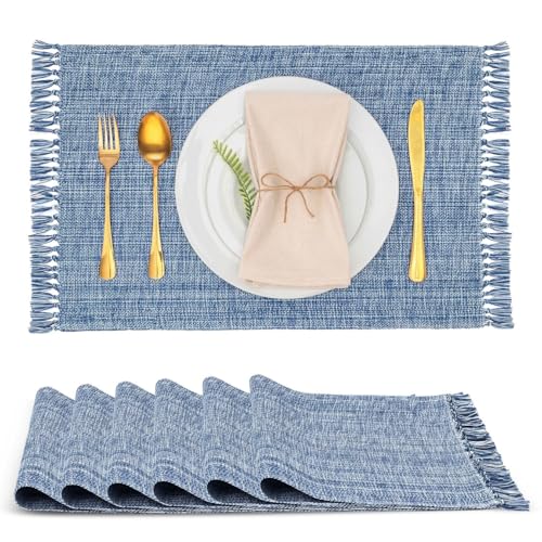 Cotton Placemats Set of 6-13x19 Inch, Woven Chambray Place Mats, Durable & Elegant for Dining Table, Wedding, Restaurant, Machine Washable, Oeko-TEX Certified - Blue - color: Blue - Chambrey