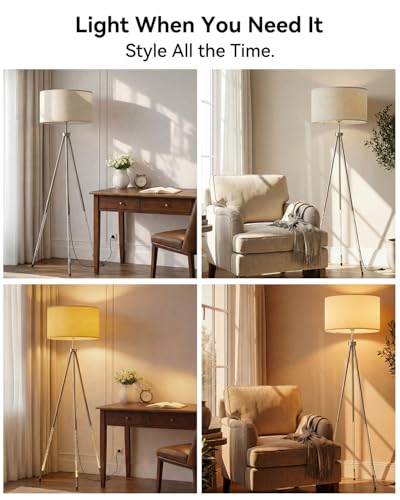 JOOFO Modern Metal Tripod Floor Lamp with Remote, 16.5" Linen Shade - color: Brushed Nickel