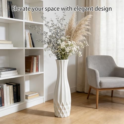 White Tall Ceramic Floor Vase, 28 Inch, Flared Geometric Design - color: Shape 2, size: 28 Inch