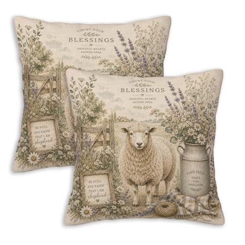Sheep Farmhouse Throw Pillow Covers 18x18 Set of 2 | Country Wildflower Decorative Cushion Covers | Rustic Farm Pillowcases for Couch Sofa Bed Living Room Home Decor - color: Farmhouse Sheep