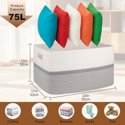 OIAHOMY Blanket Basket Laundry Basket Dog Toy Basket 75L Grey/White - color: Grey White, size: 22”x17”x12”
