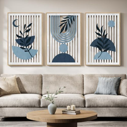 Large Framed Boho Cutout Carved Wood Wall Art for Living Room, 24x36 Inch - color: Navy Blue