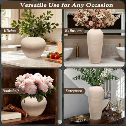 Ceramic Flower Vase Round Textured Vase,Farmhouse Vase(6" Tall, 7.7" Width) - size: 6 Inch-round-cream