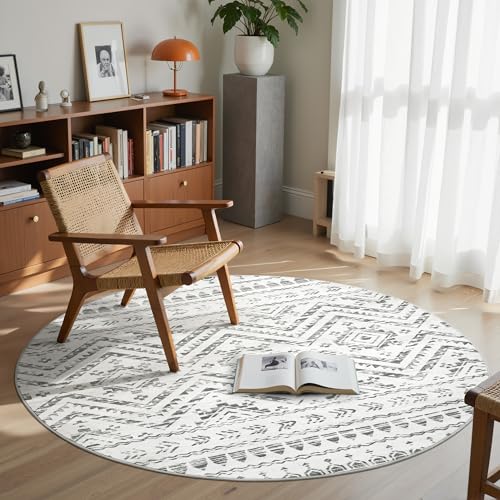 Miukiki Round Rugs 6ft for Living Room Moroccan Washable Circle Rug Grey - color: Grey, size: 6' (Round)