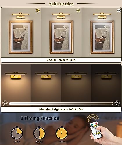 Battery Operated Picture Lights with Remote and Timer,Wireless Art Light for Paintings with Adjustable Swing Arm Gold Gallery Lights 12in Rechargeable Wall Sconce - color: Model B-Gold