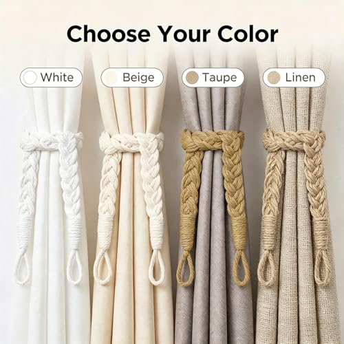 Home Queen Hand Braided Curtain Tiebacks, Buckle Holdback Drapery Curtain Tie Back, 4 Rope Cotton Belt Curtain Tie with 4 Metal Hooks, Off White - color: Off White, size: 4PC